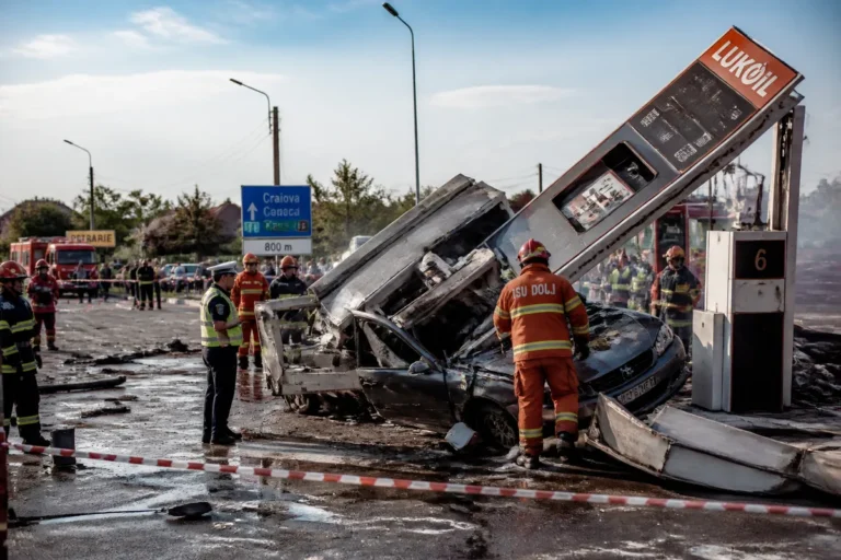 Accident spectaculos lângă Craiova: două mașini au distrus o pompă de benzinărie