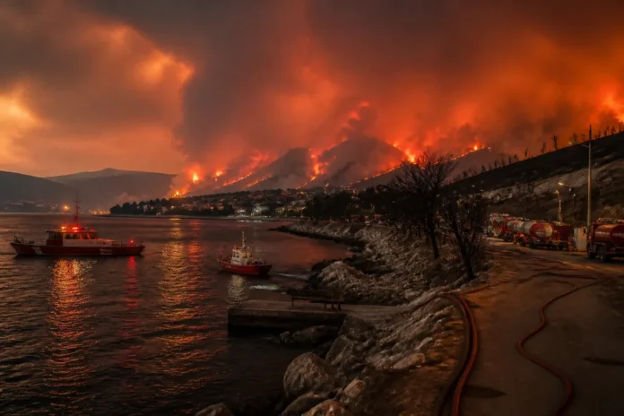 Grecia în flăcări: sute de evacuați pe mare, rafale de 130 km/h alimentează dezastrul